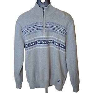 Nautica Sweater Men's Size XL Light Gray Blue White 1/4 Zip Pullover Fair Isle